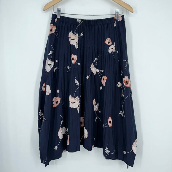 VINCE Tossed Poppy Pleated Floral Midi Knee Length Skirt in Marine - Picture 8 of 15